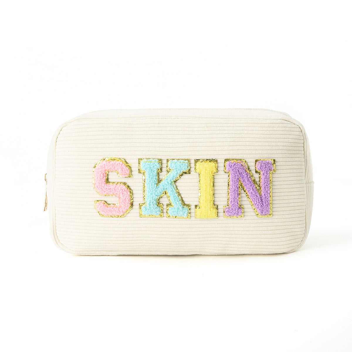 Corduroy Cosmetic Bag with Embroidered Letters