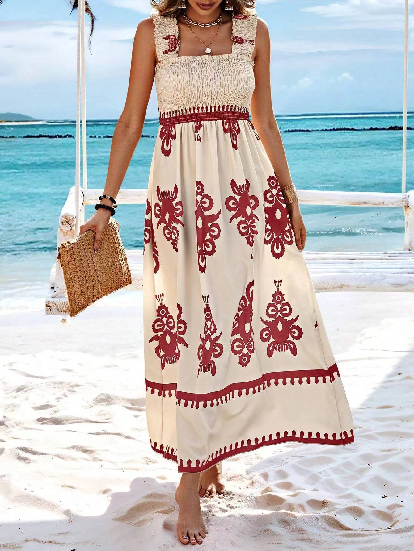 Print Shirred Wide Strap Dress