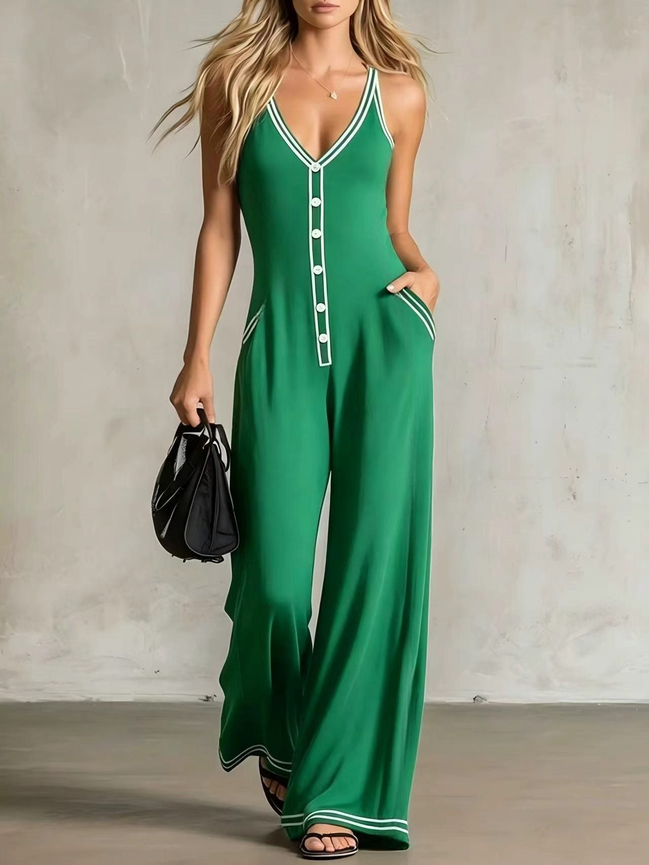 Women's V-Neck Backless Wide-Leg Jumpsuit