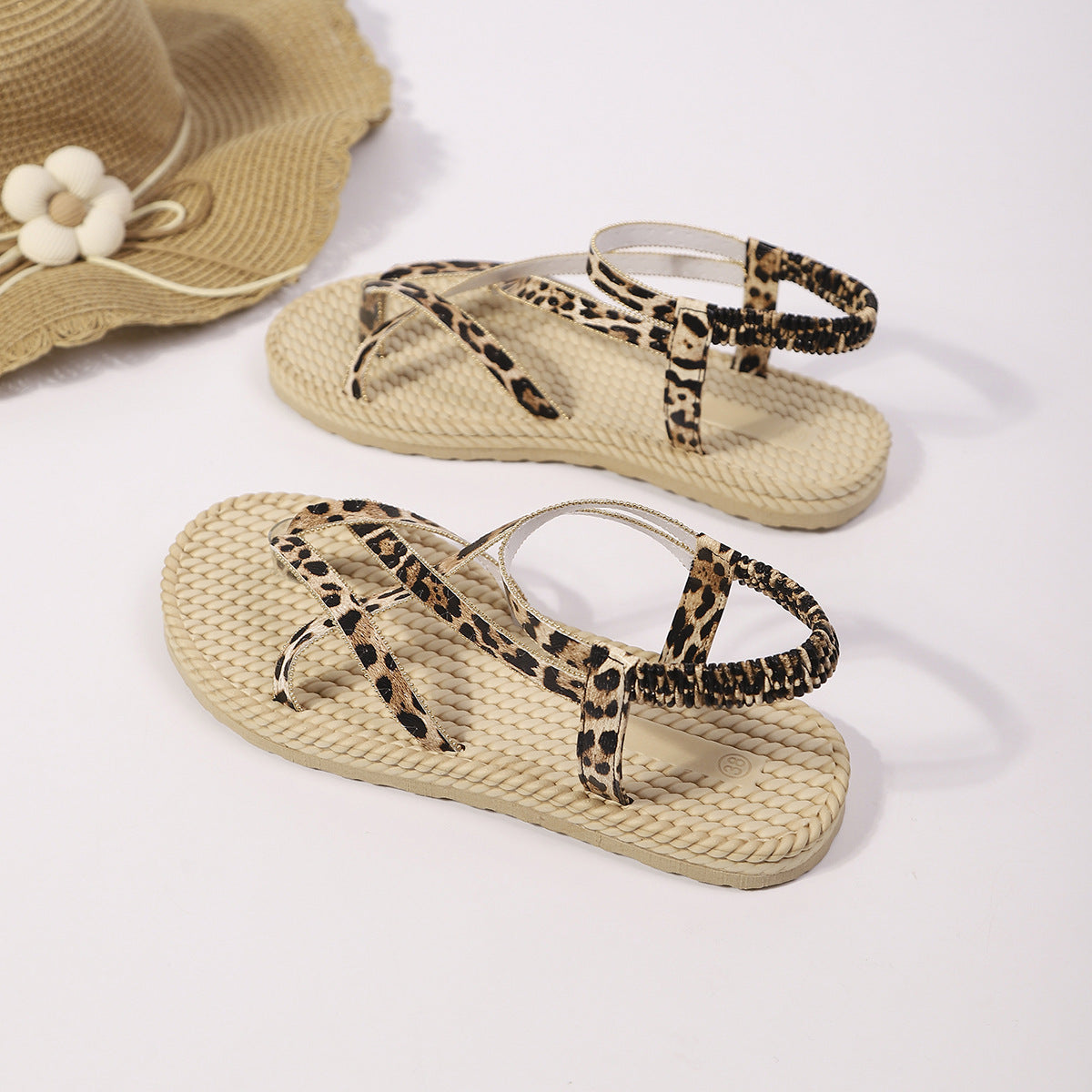 Khaki Leopard Strappy Caged Braided Sole Boho Sandals
