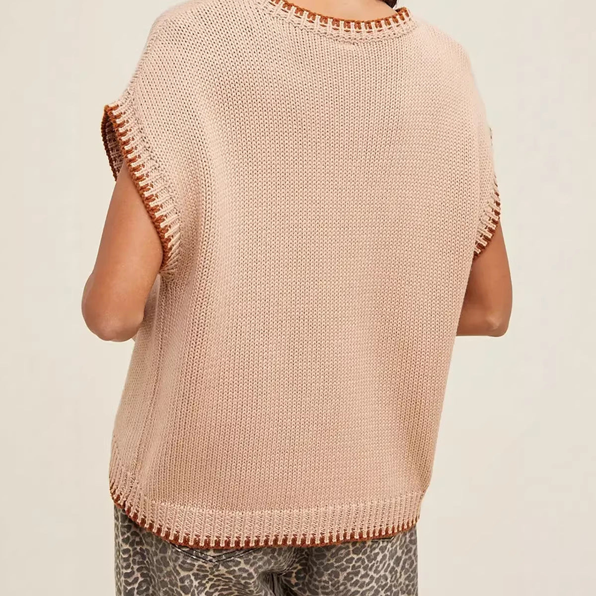 Parchment Contrast Trim Short Sleeve Knit HOWDY Western Sweater