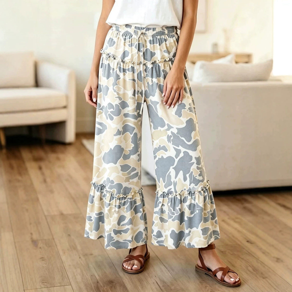 Camo Print Wide Leg Casual Pants
