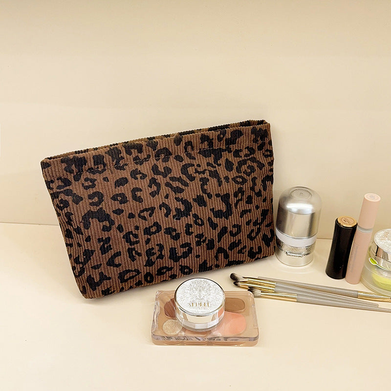 Corduroy Leopard Print Cosmetic Bag