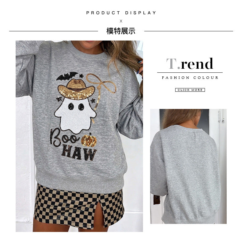 Grey Sequin Western Ghost Print Long Sleeve Round Neck Sweatshirt