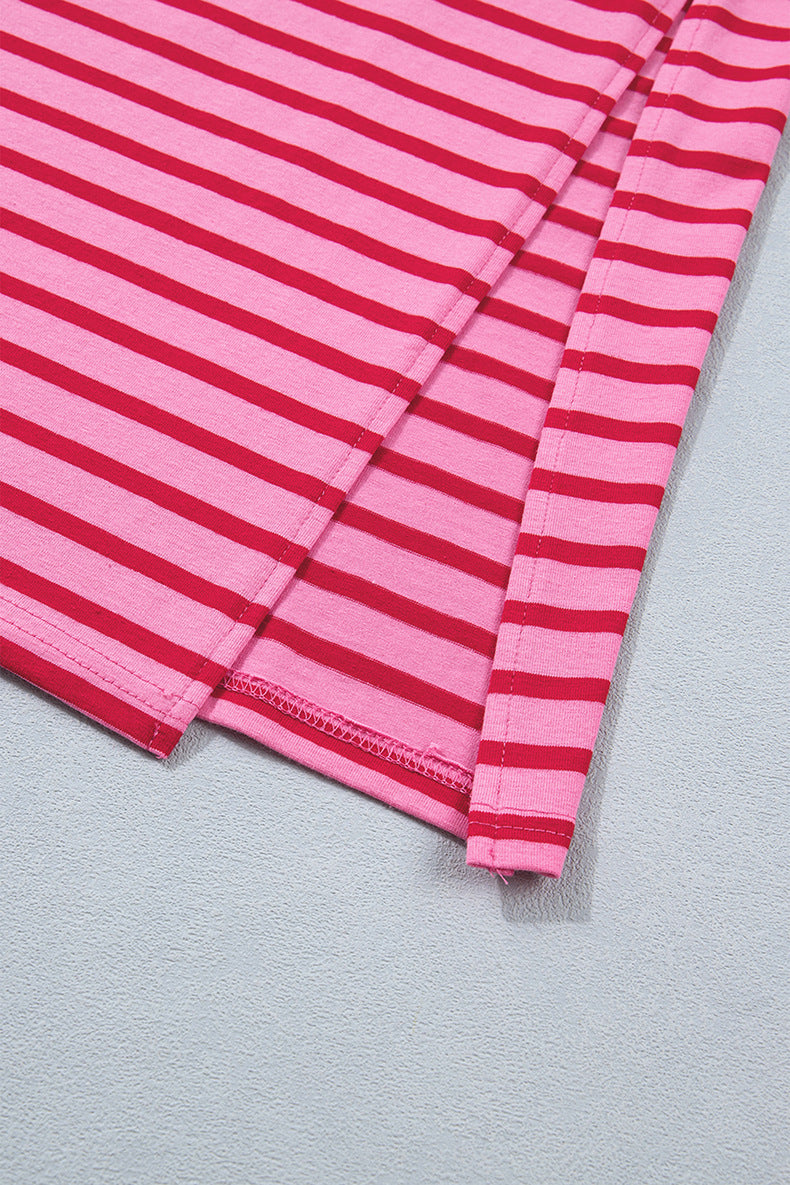 Rose Stripe Striped Short Sleeve Scalloped Trim Side Slit T-Shirt Dress