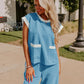 Color Block Pocketed T Shirt and Wide Leg Pants Set