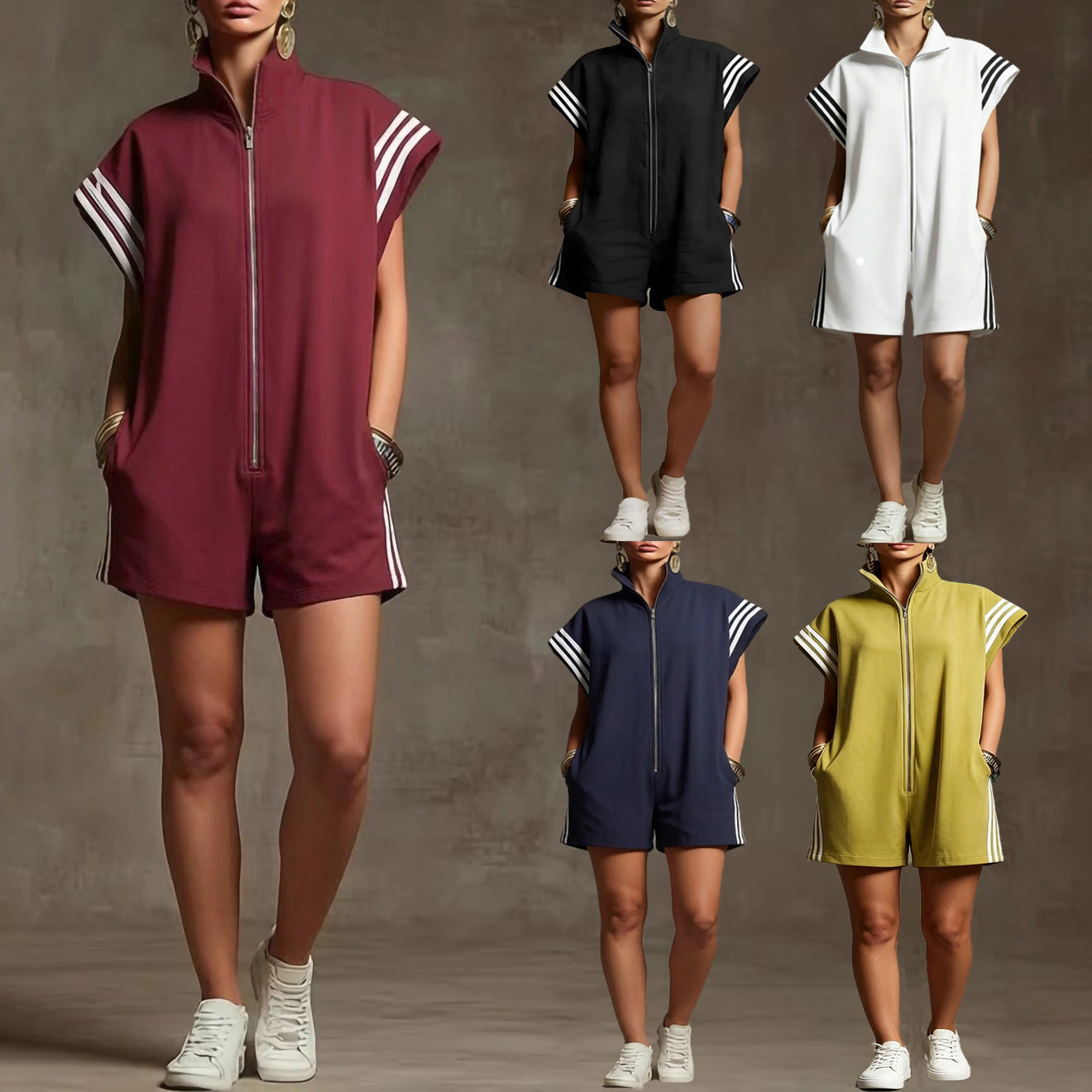 Loose Sleeveless Drawstring Pockets Split-Joint Striped Zipper Stand Collar Rompers