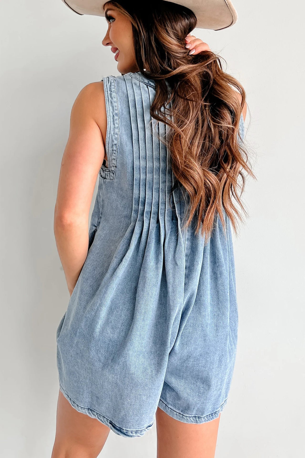 Washed Denim Pleated Romper