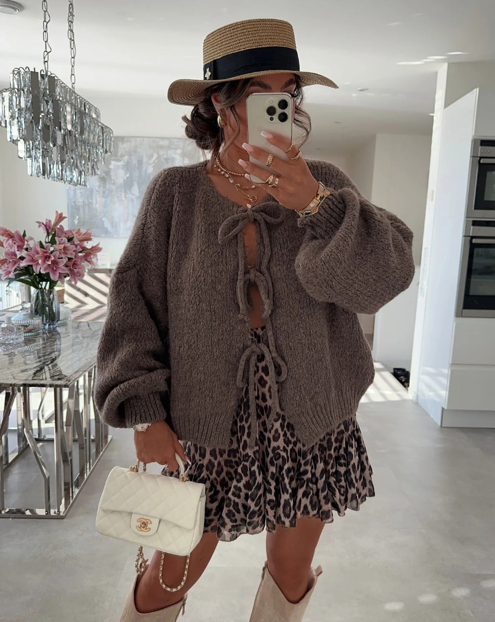 Women's Round Neck Lace-up Knitted Cardigan Sweater