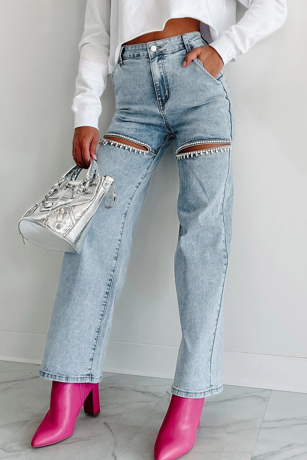 Slit-Front Wide Leg Rhinestone Jeans