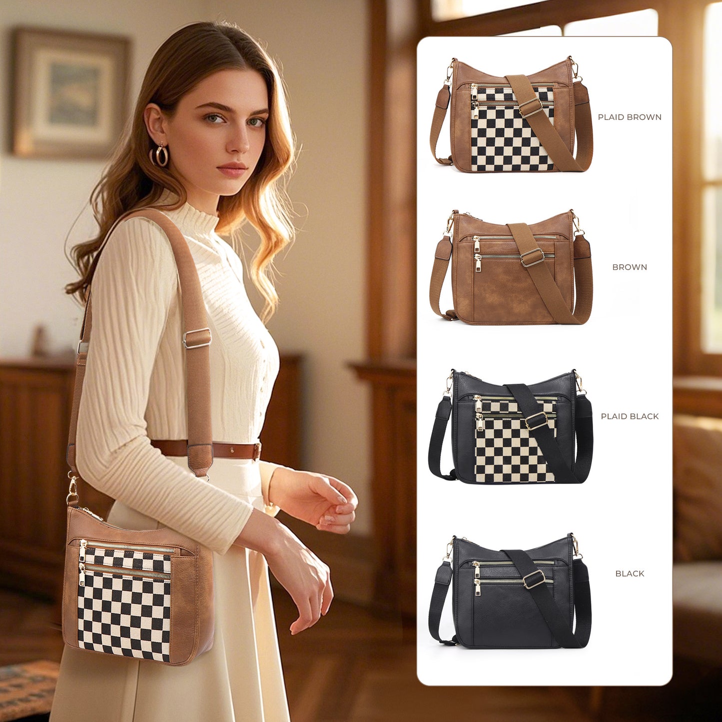 Multi-Zipper Bag With Slanted Strap