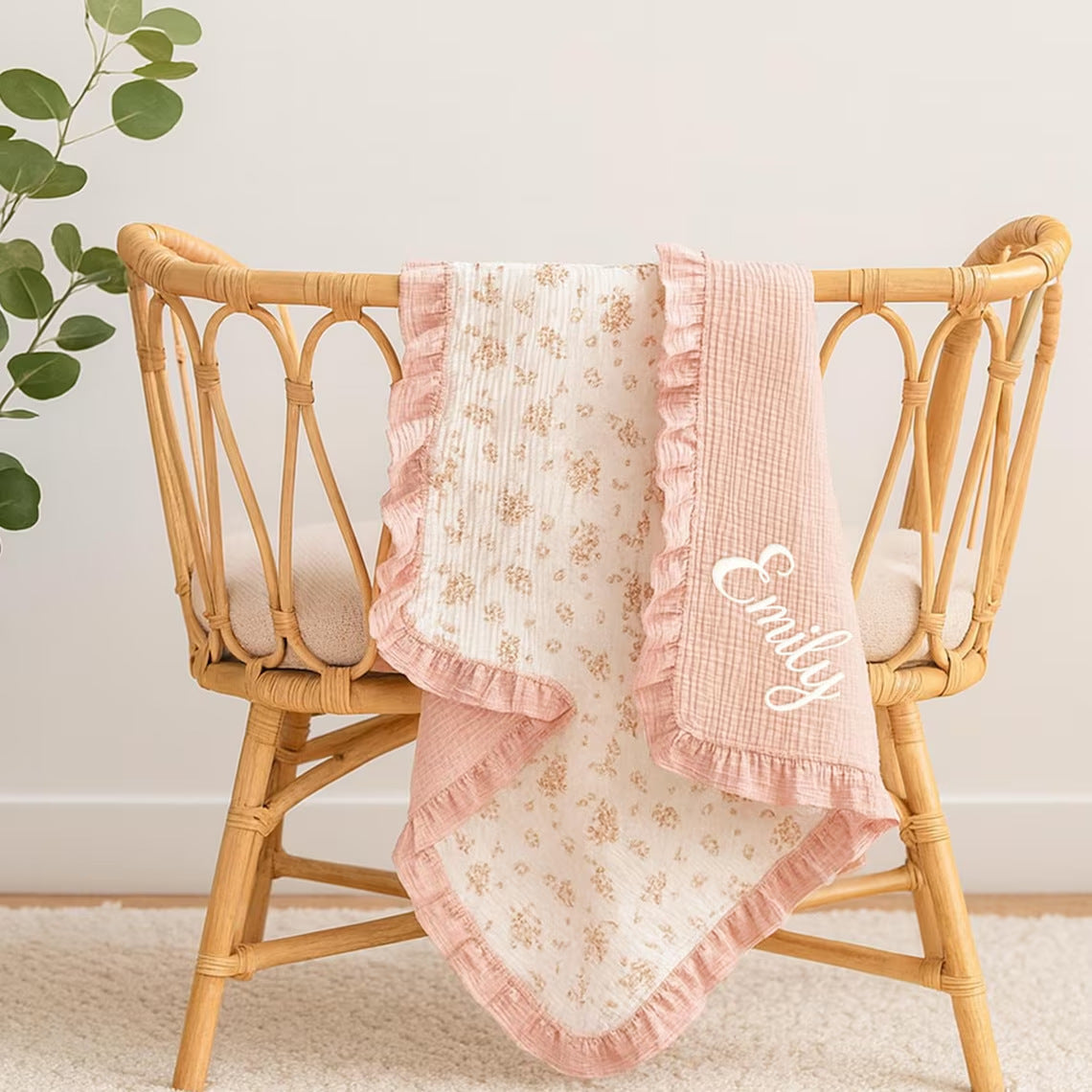 Custom Embroidered Floral Muslin Baby Blanket with Ruffled Trim