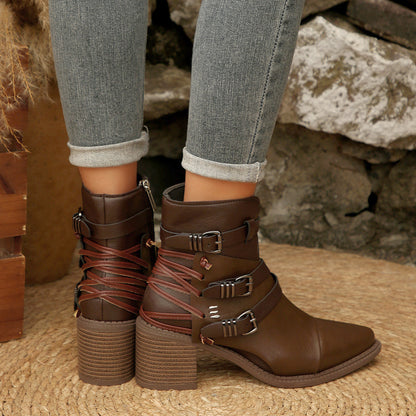 Patchwork Lace Up Buckle Detail Boots