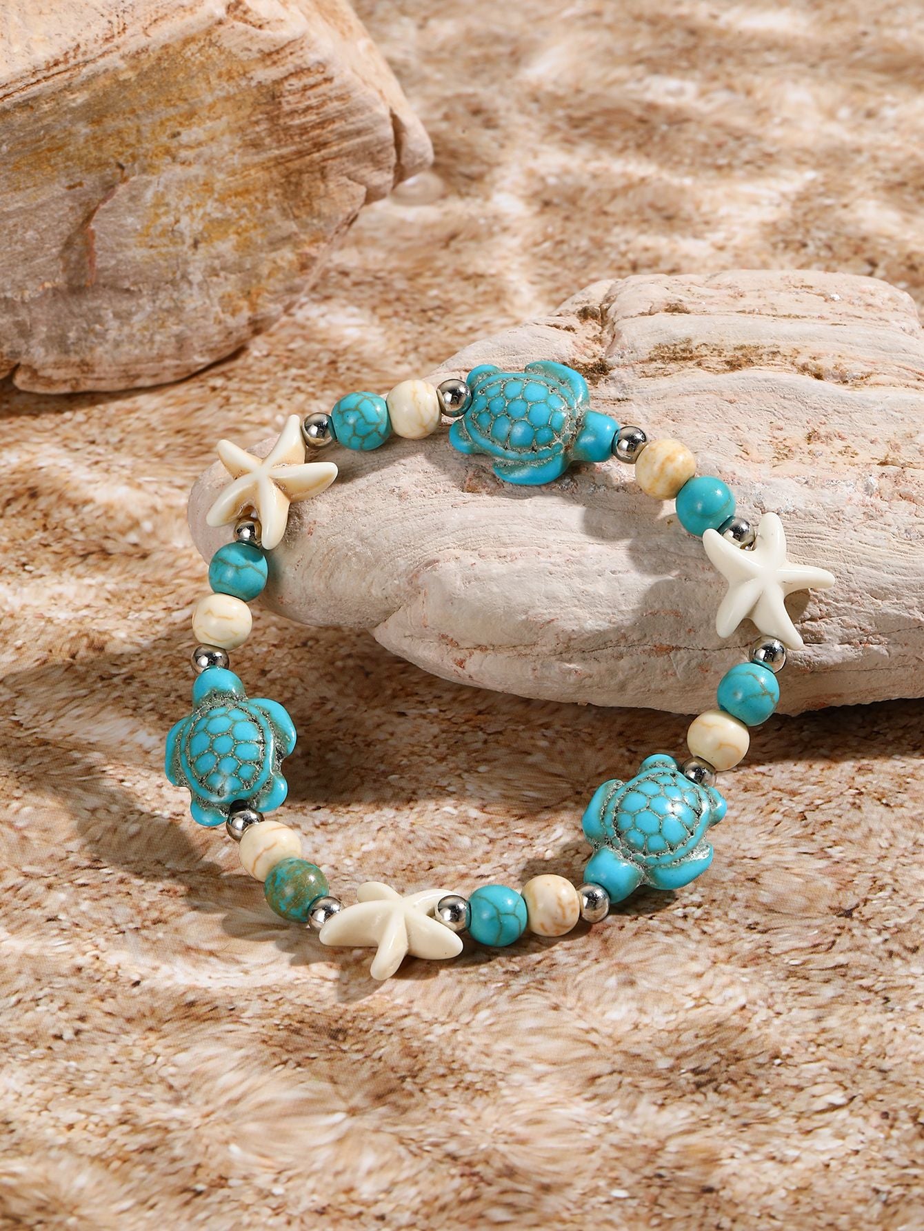 Marine Style Starfish Shell Turquoise Shell Beaded Chain Stretch Bracelets