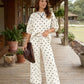 Beige Polka Dot Half Sleeve Loose Top Elastic Waist Casual Pants Set