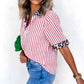Red Stripe Leopard Contrast Trim Half Button Blouse