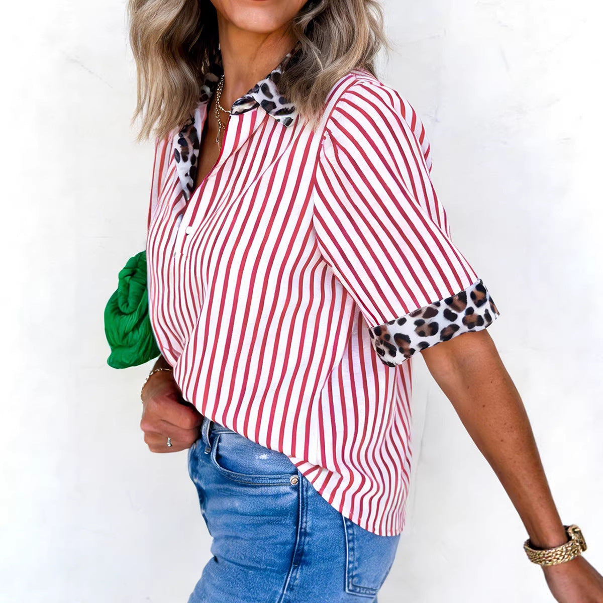 Red Stripe Leopard Contrast Trim Half Button Blouse