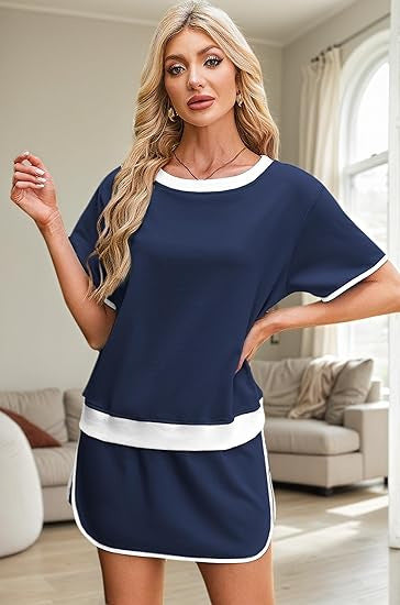 2Pcs Set Colorblock Edge Drop Shoulder T Shirt and Skirt