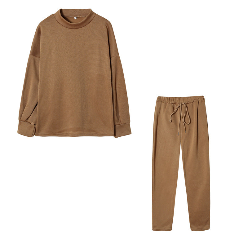 Solid Color High Collar Casual Top+pants Two-piece Set