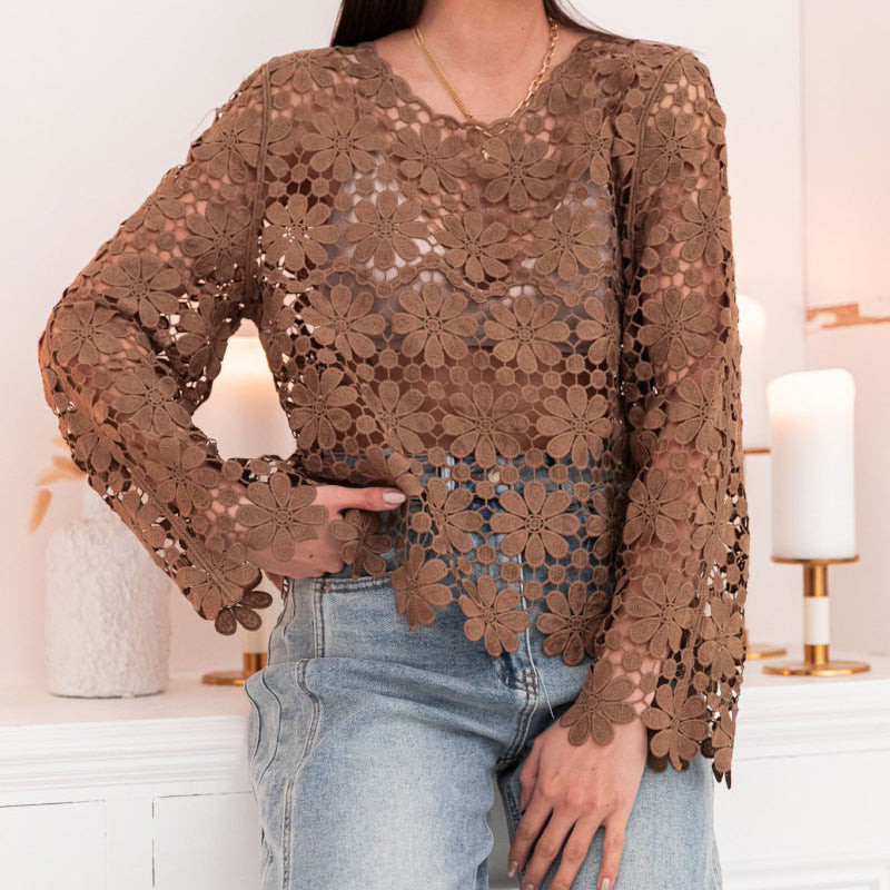 Floral Crochet Cutout Long Sleeve Blouse