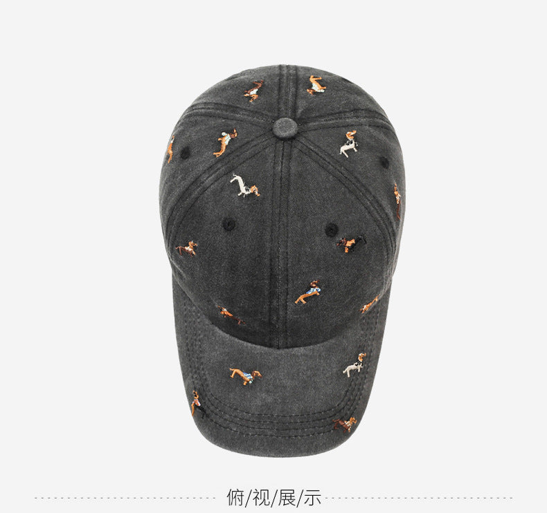 Vintage Distressed Baseball Cap with Puppy Embroidery