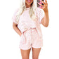 Stripe Knitted Short Sleeve Top and Drawstring Shorts Set