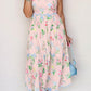 Wildflower Bloom Contrast Trim Self-tie Straps High Waist Midi Dress