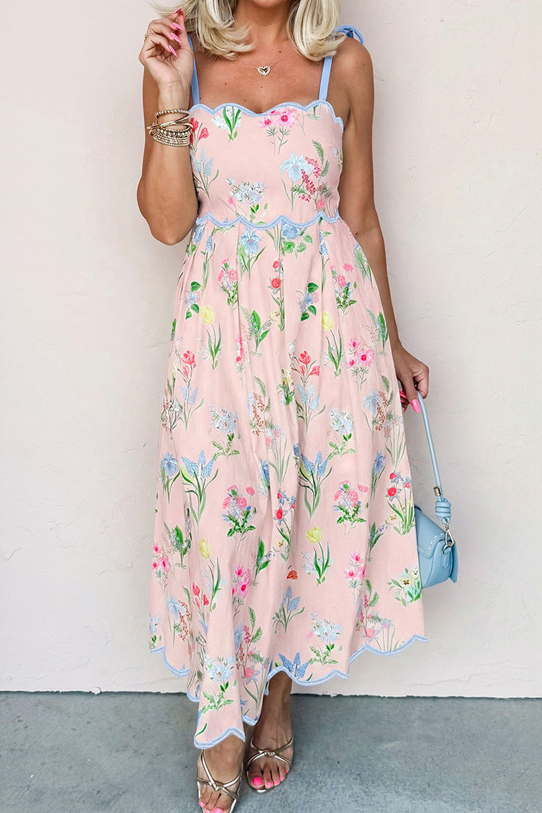 Wildflower Bloom Contrast Trim Self-tie Straps High Waist Midi Dress