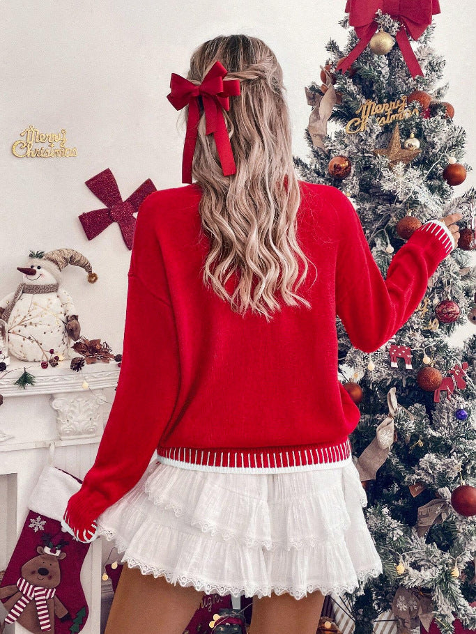 Merry Festive Knit Sweater  Casual Holiday Crewneck Pullover Top