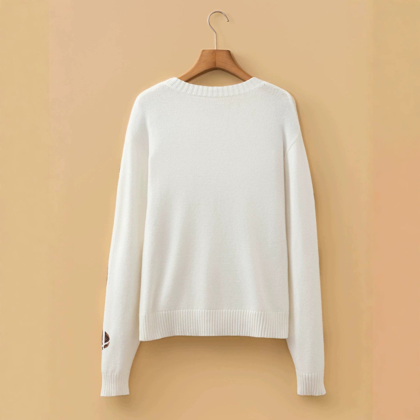 Beige Sequin Football Print Round Neck Long Sleeve Loose Fit Sweater