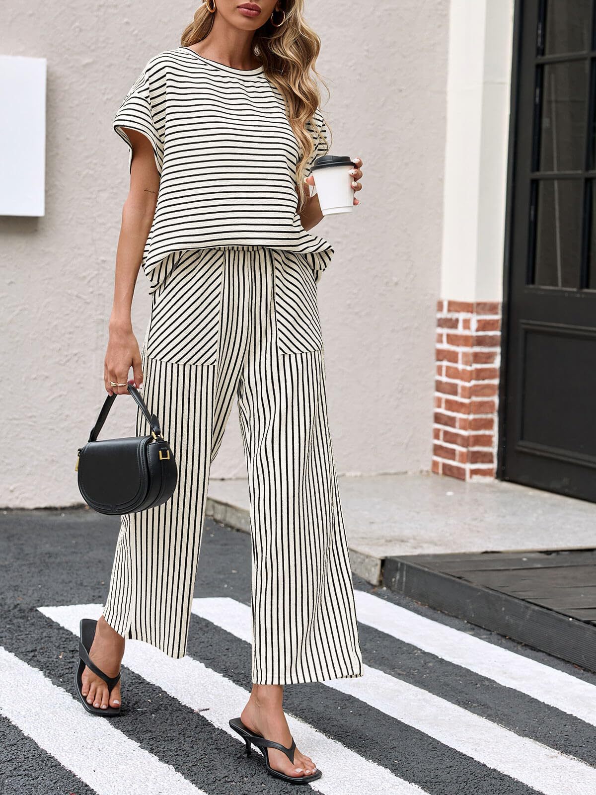 Stripe Round Neck Tee and Pant Set