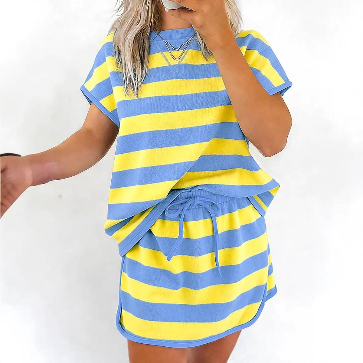 Stripe Dolman Tee Drawstring Skort Athletic 2pcs Set