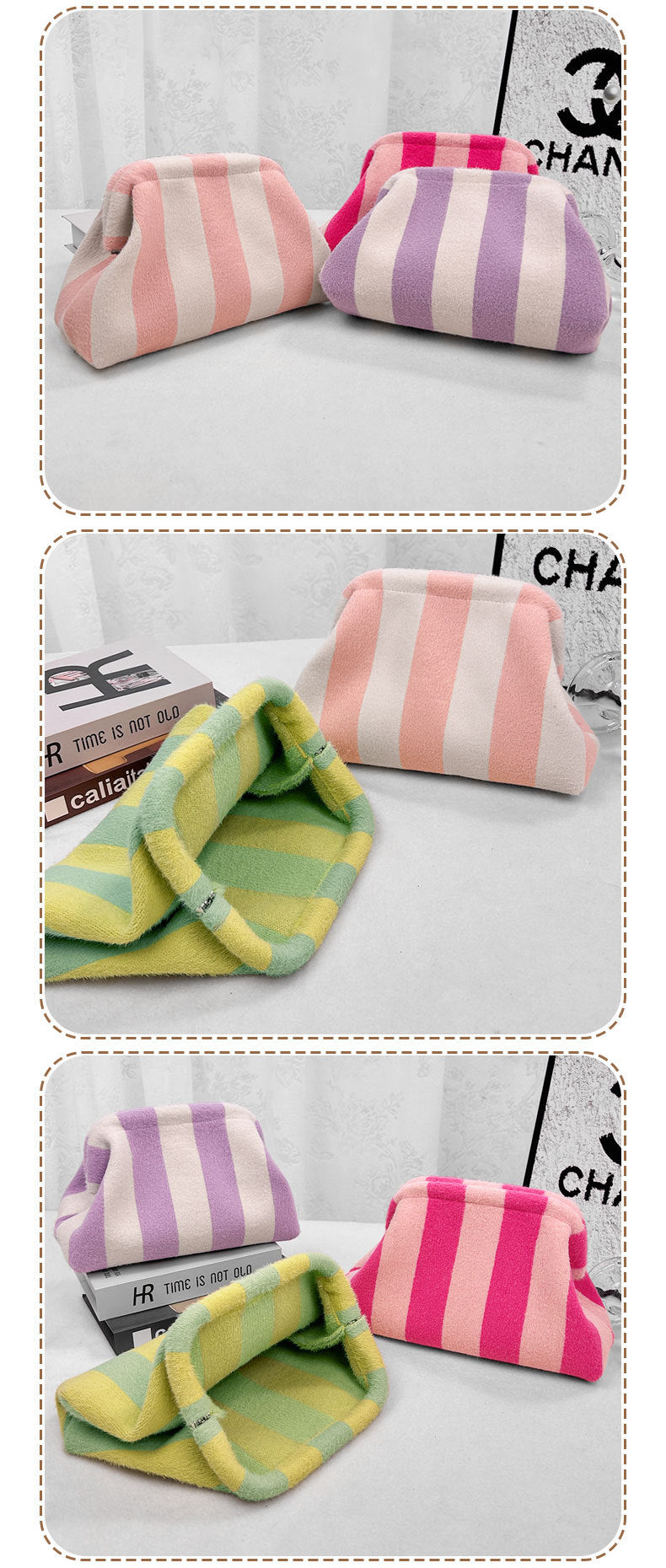 Striped Plush Kiss Lock Clutch Bag