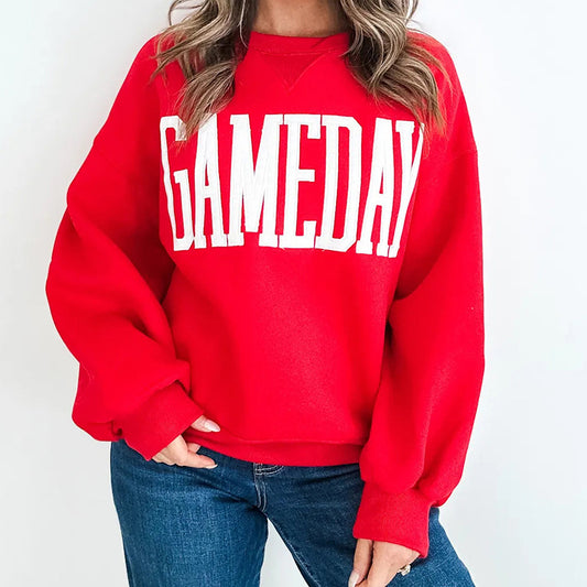 Fiery Red GAMEDAY Embroidered Patch Pattern Casual Shift Sweatshirt