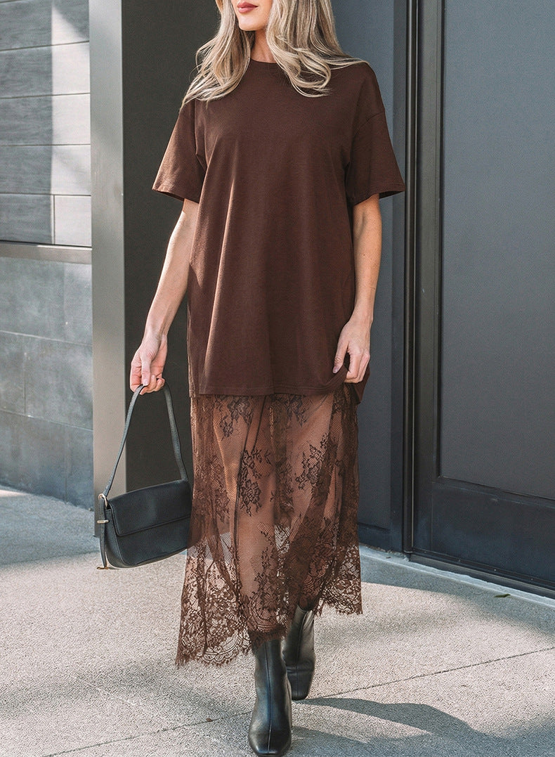 Floral Patchwork Short Sleeve T Shirt Loose Maxi Dress