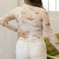 Beige High Neck Western Print Mesh Sheer Long Sleeve Top