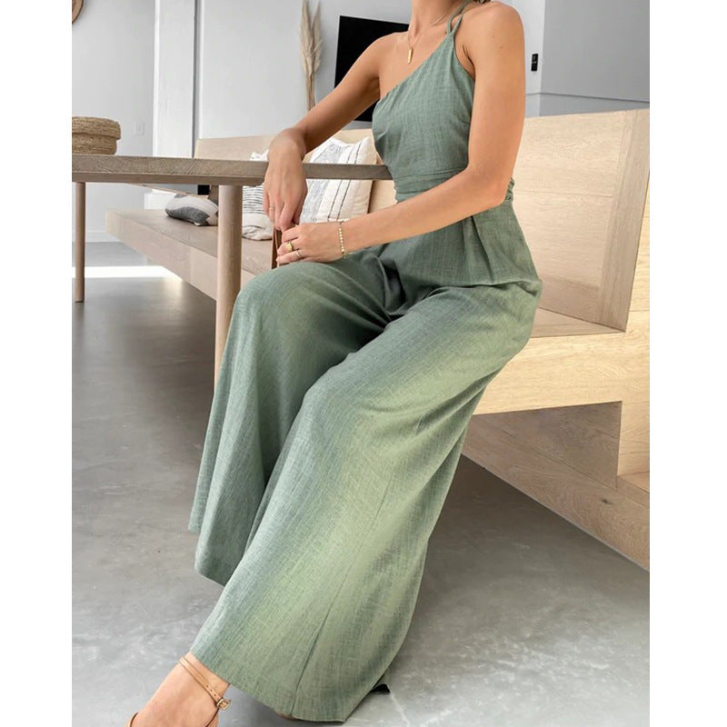 Asymmetric Thin Straps One-shoulder Wide Leg Jumpsuit