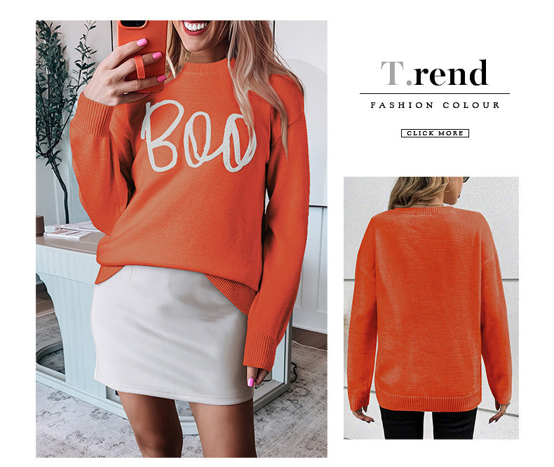 Boo Knitted Pattern Ribbed Edge Drop Shoulder Sweater