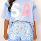 Sky Blue Summer Floral Striped Ruffle Hem Lace Tie Shorts