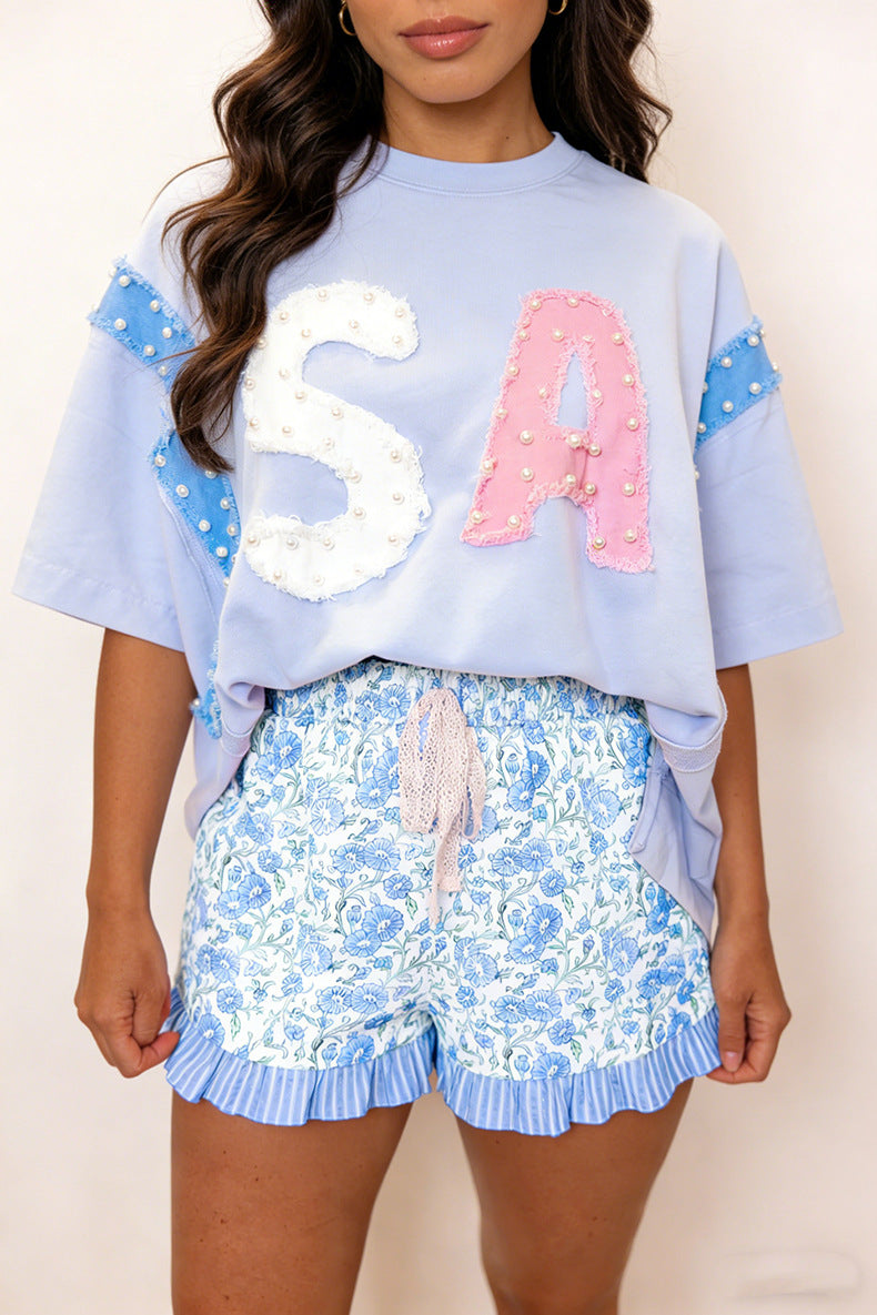 Sky Blue Summer Floral Striped Ruffle Hem Lace Tie Shorts