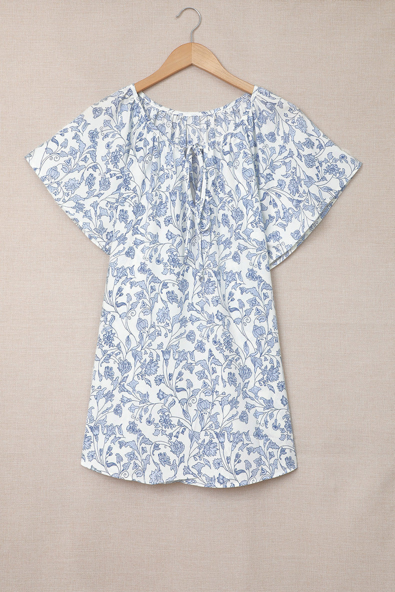V-neck Short Sleeve Fashion Print Fantasy Fluttering Blouse