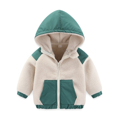Children's cotton-padded embroidered hooded color-blocked jacket