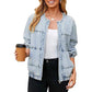 Women's Light Blue Round Neck Zipper Denim Jacket