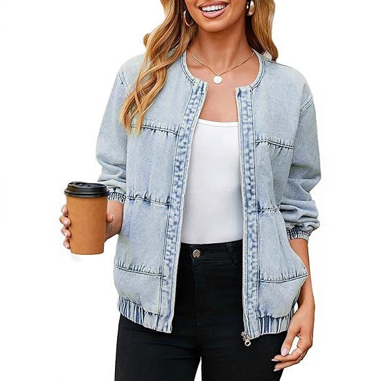 Women's Light Blue Round Neck Zipper Denim Jacket