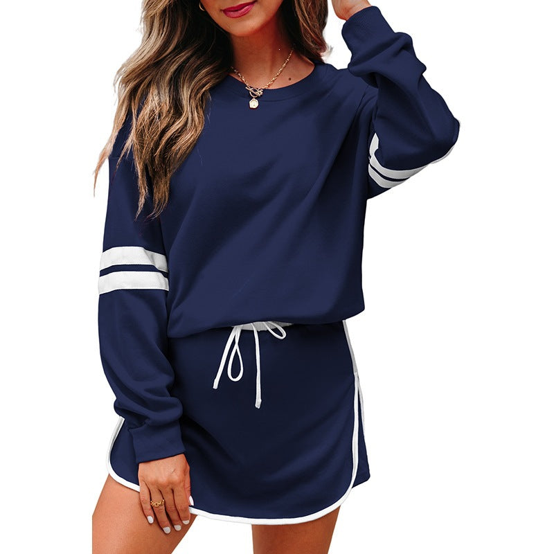 Varsity Stripe Detail Drop Shoulder Pullover Mini Skort Set
