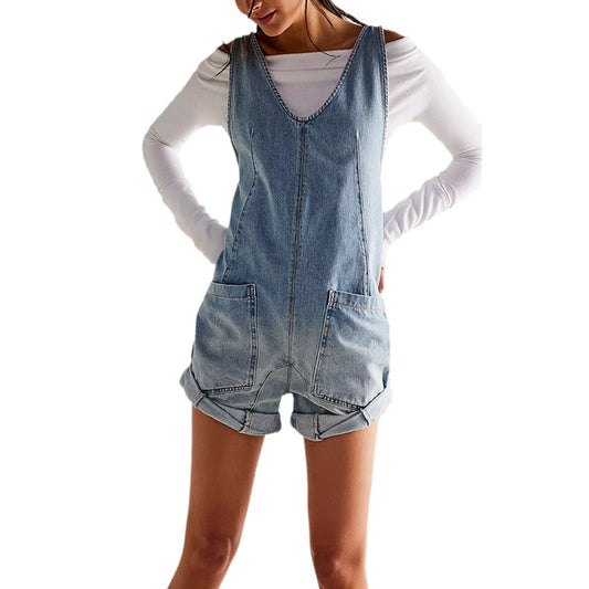 Adjustable Strap Wash Denim Overall Shorts