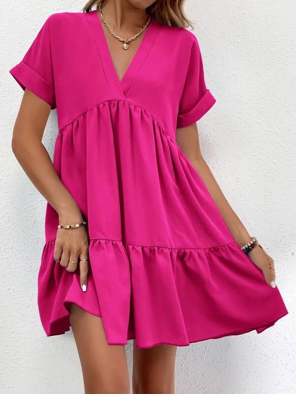 Solid V-neck Mini Dress