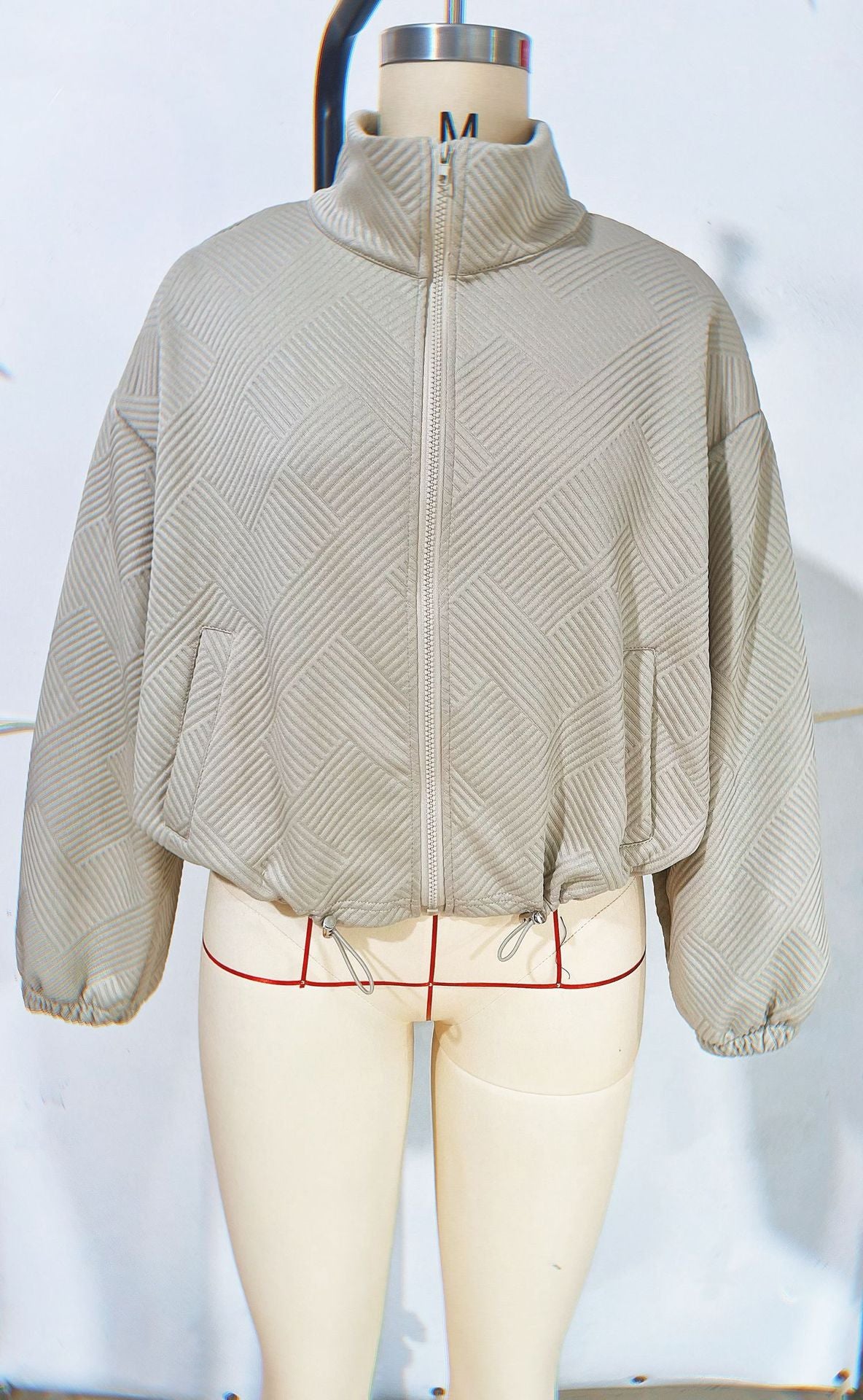 Chic Geometric Textured Zip Up Jacket