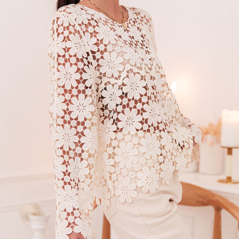 Floral Crochet Cutout Long Sleeve Blouse