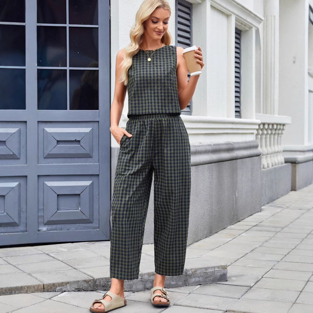 Women's Printed Plaid Sleeveless Vest and Trousers Suit